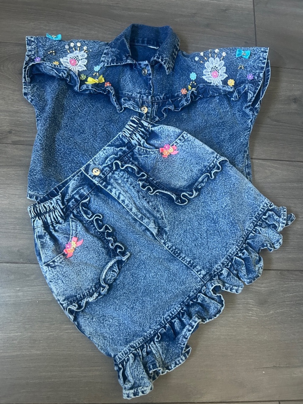 Vintage Girls Acid Wash Denim 2-Piece Set – Ruffle Skirt & Embellished Top